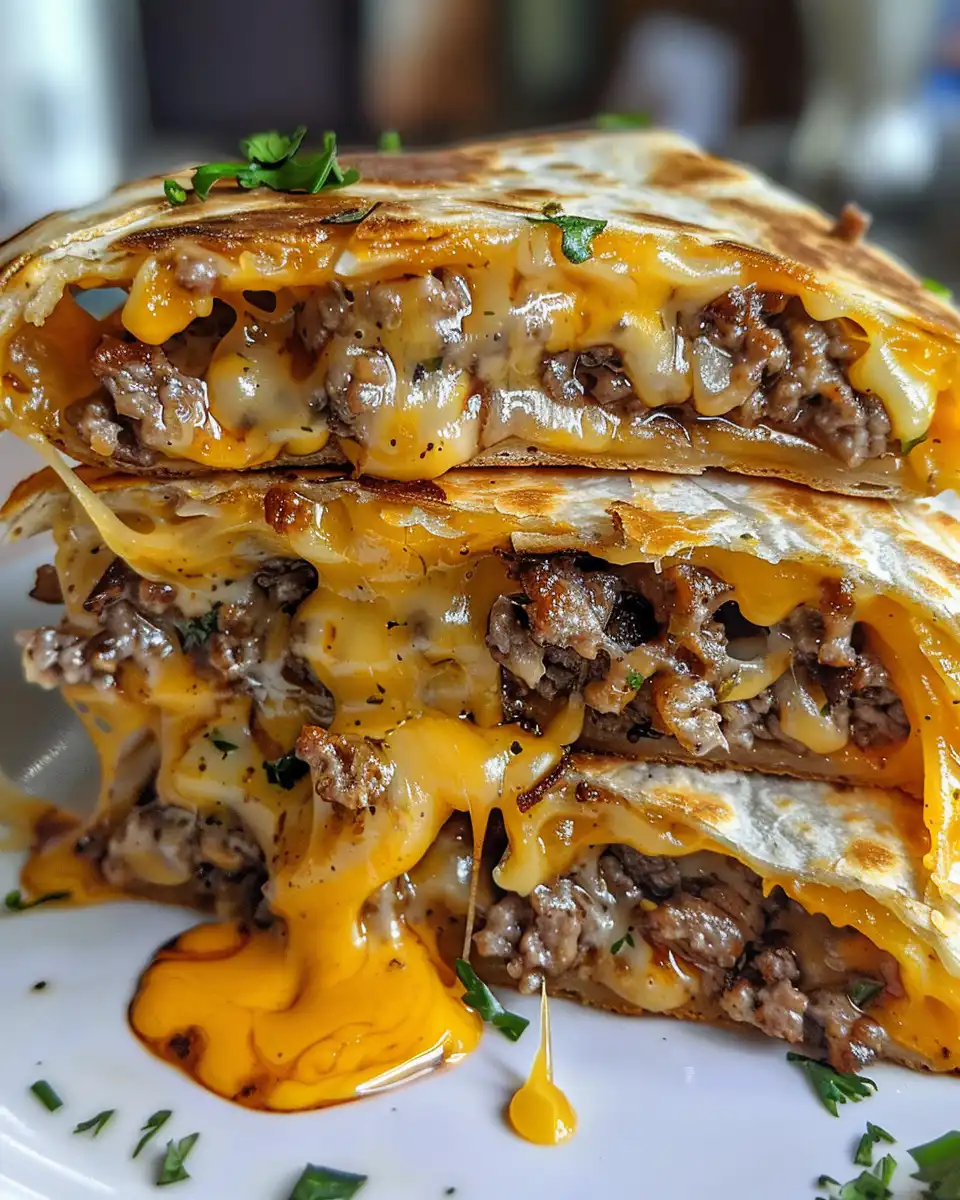 Final cooked cheeseburger quesadilla slices served with tangy burger sauce for dipping
