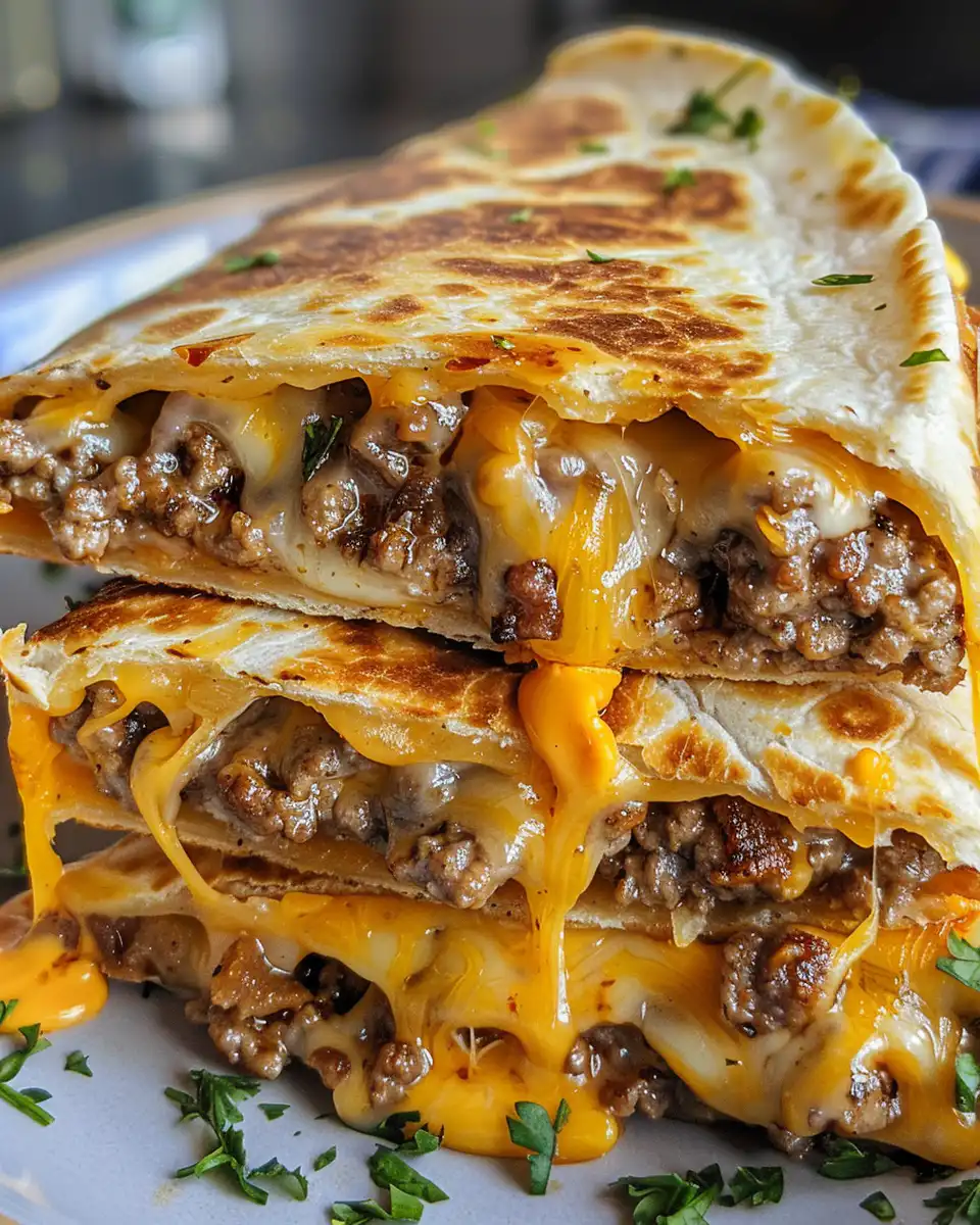 Cheeseburger quesadilla fresh with melted cheddar and ground beef filling