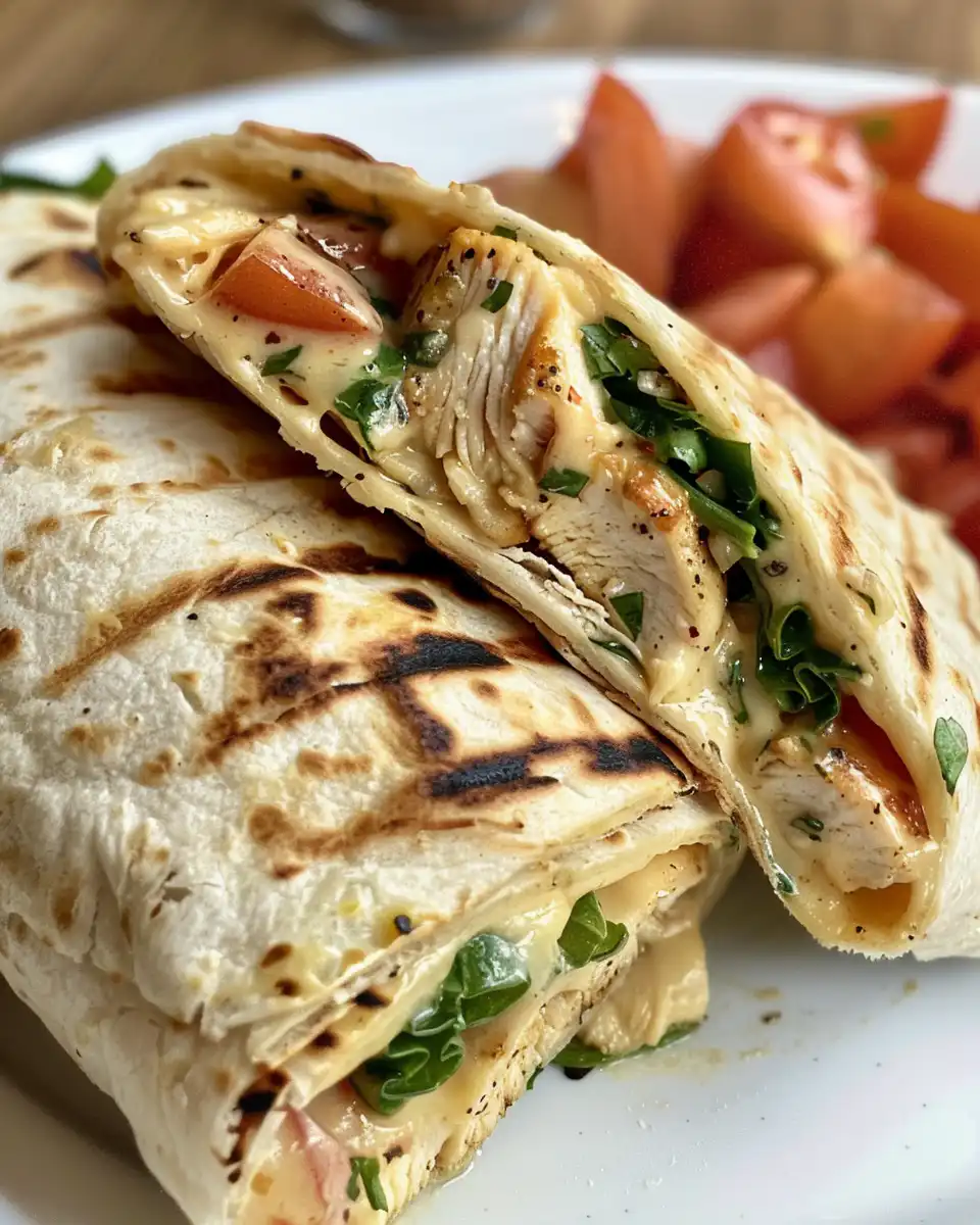 Ingredients lined up for cheesy garlic chicken wraps including shredded chicken and spices
