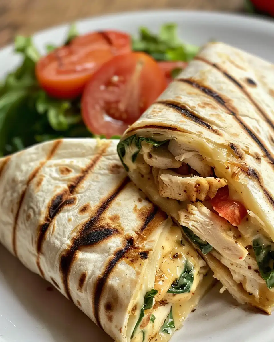 Golden cheesy chicken wraps plated ready to serve with herbs