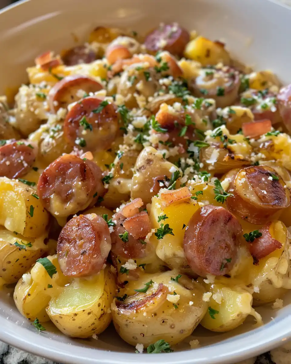 Ingredients laid out for cheesy ranch potatoes and smoked sausage including baby potatoes and spice