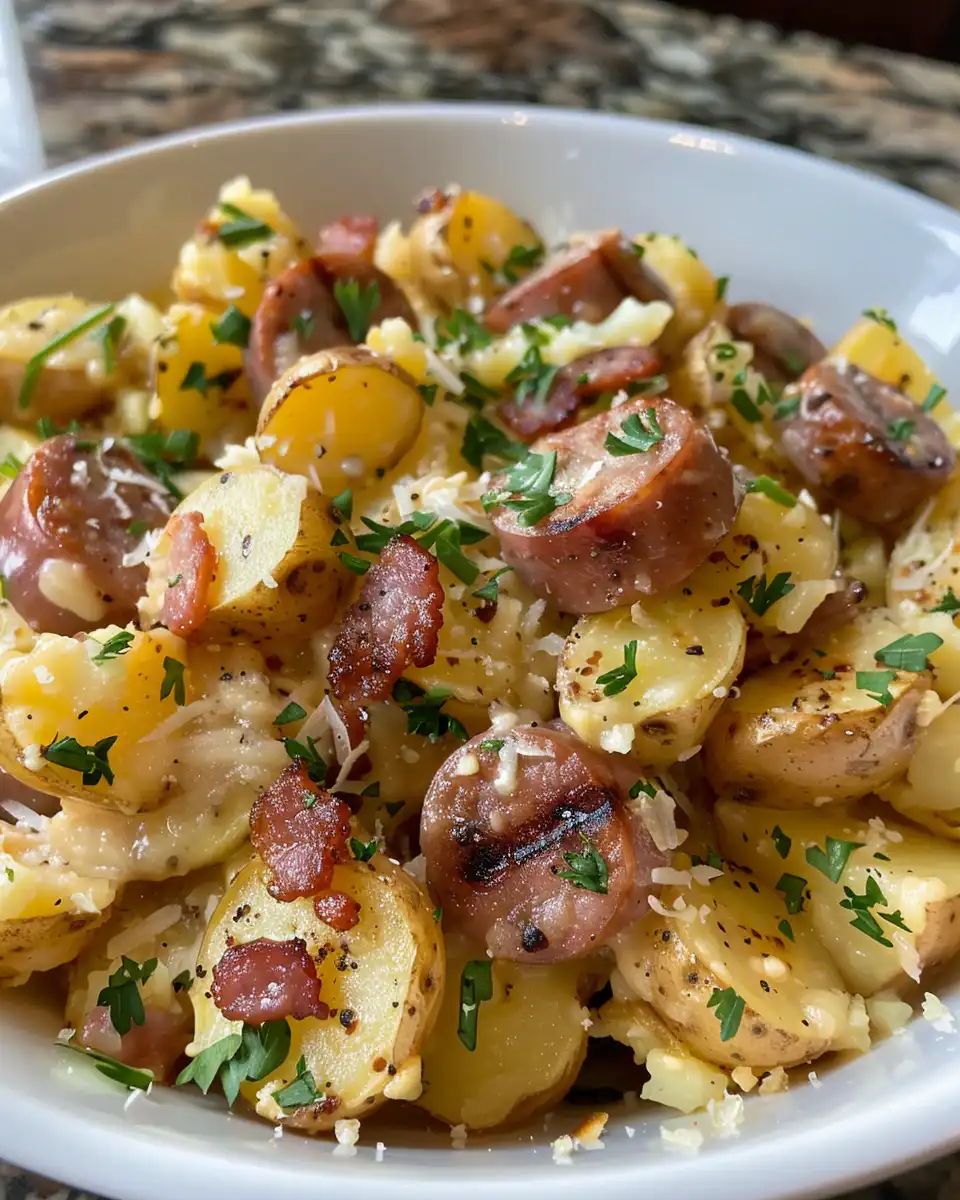 Final plated cheesy ranch potatoes with sausage garnished with green onions