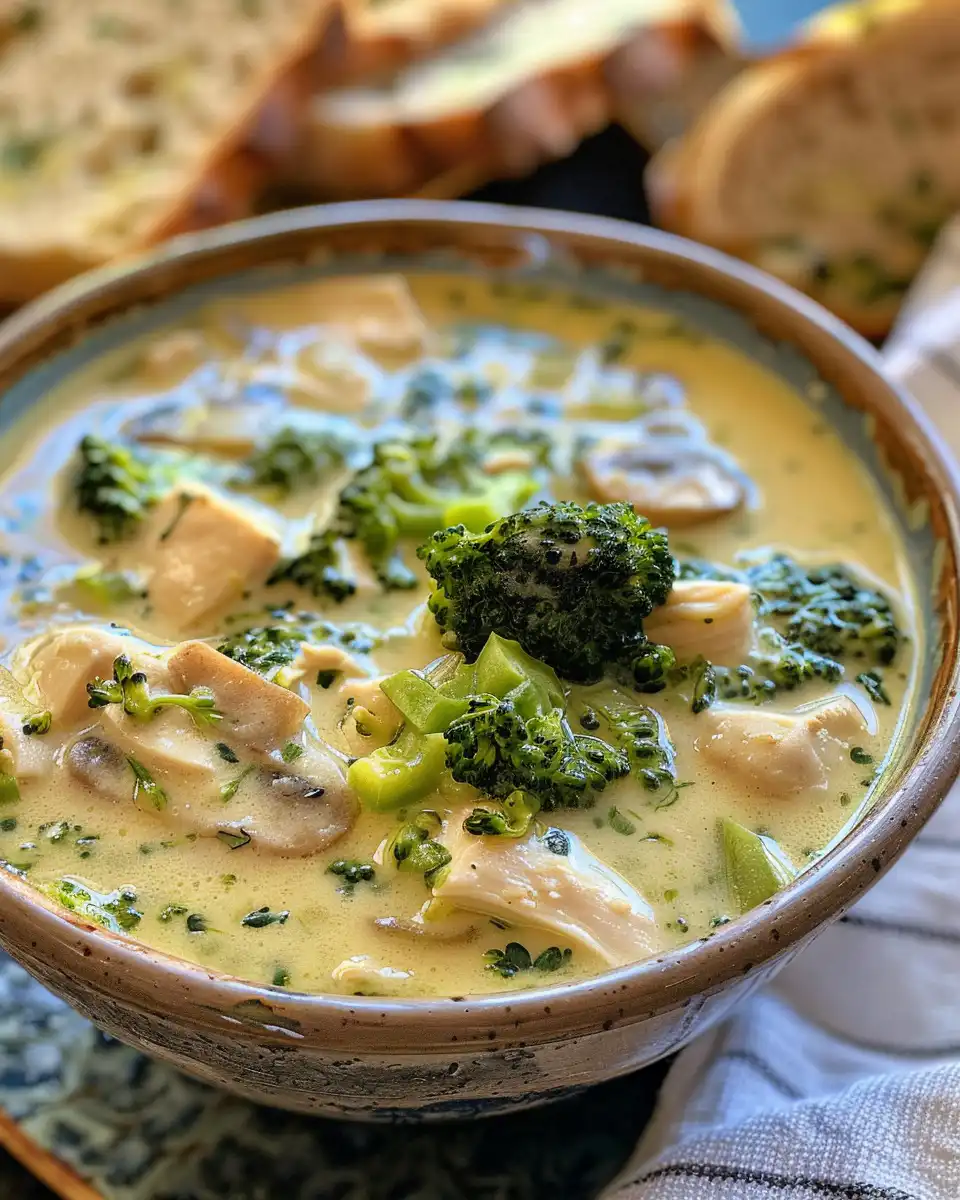 Pressure cooker chicken broccoli soup simmering with steam