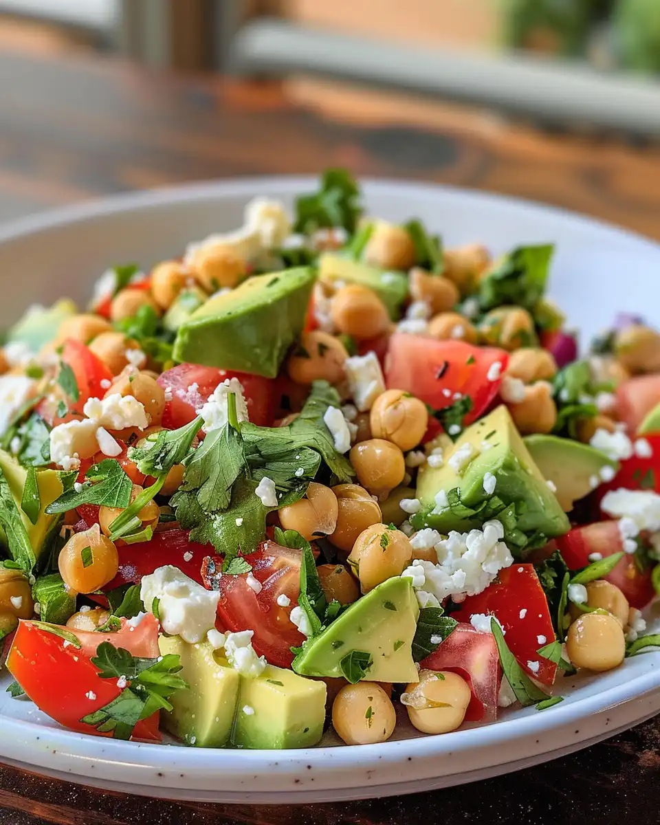 Dressing poured over chickpea feta avocado salad