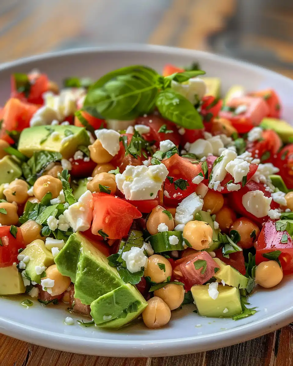 Fresh chickpea feta avocado salad in bowl