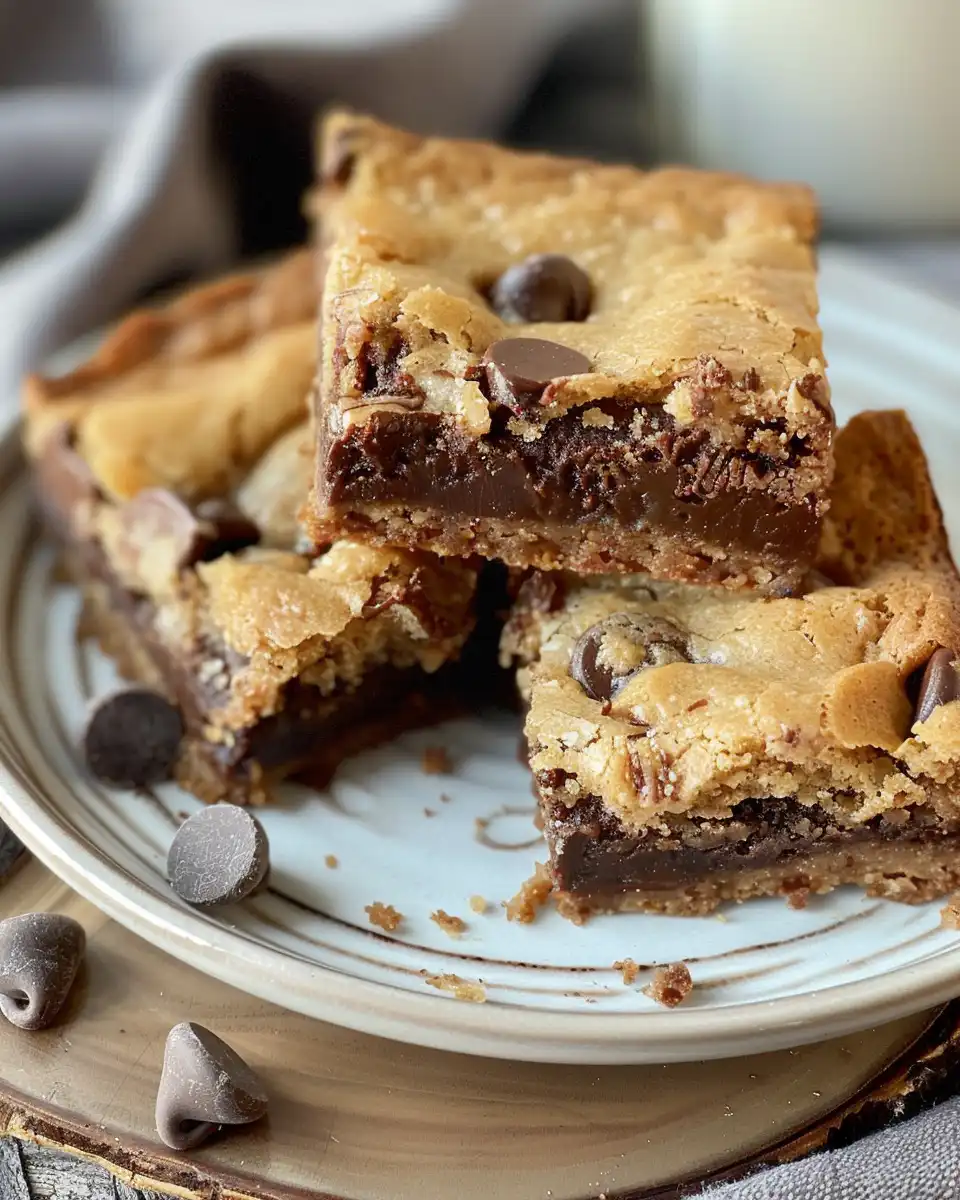 Slice of chocolate chip cookie brownies served on plate