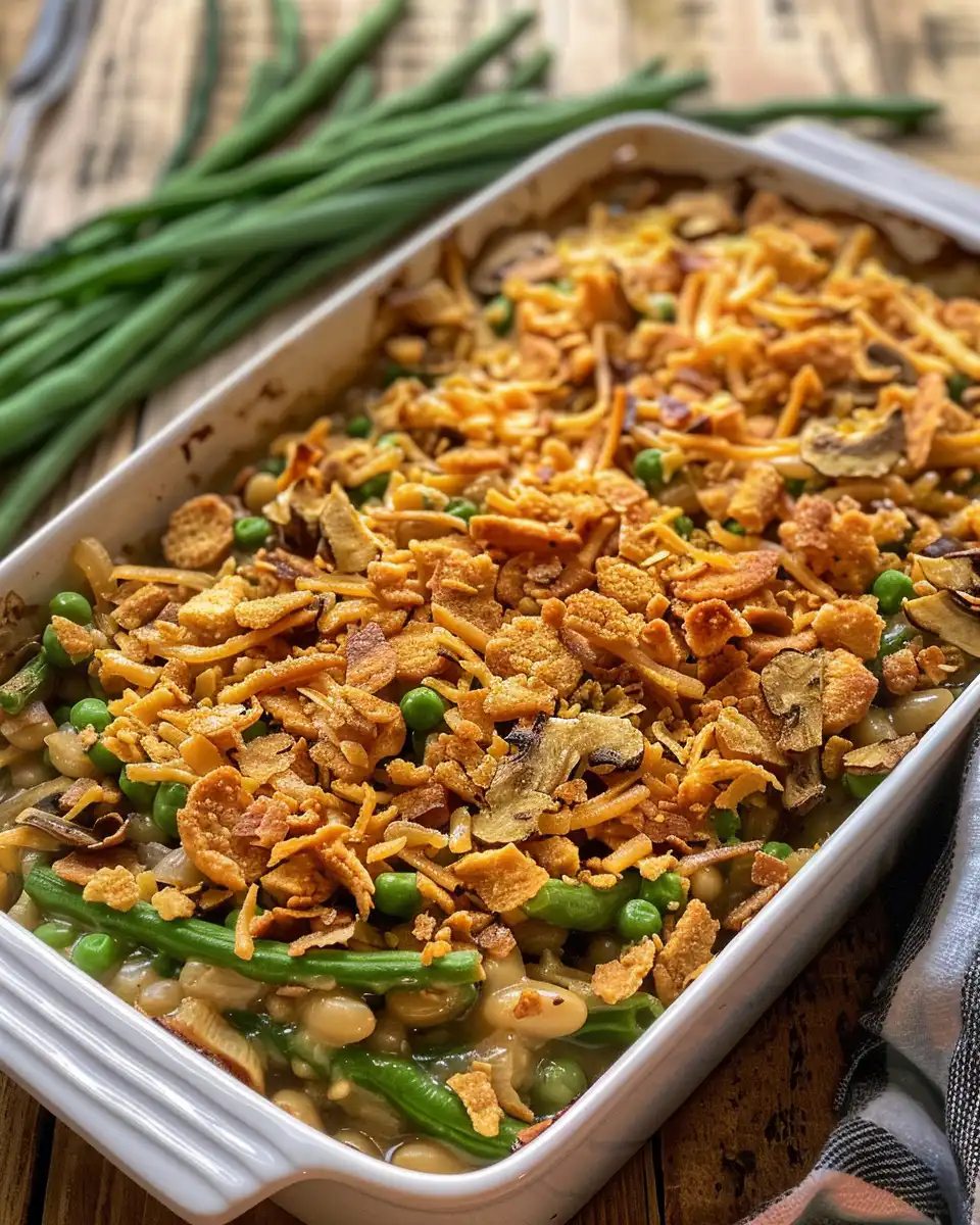 Ingredients for classic green bean casserole in mixing bowl