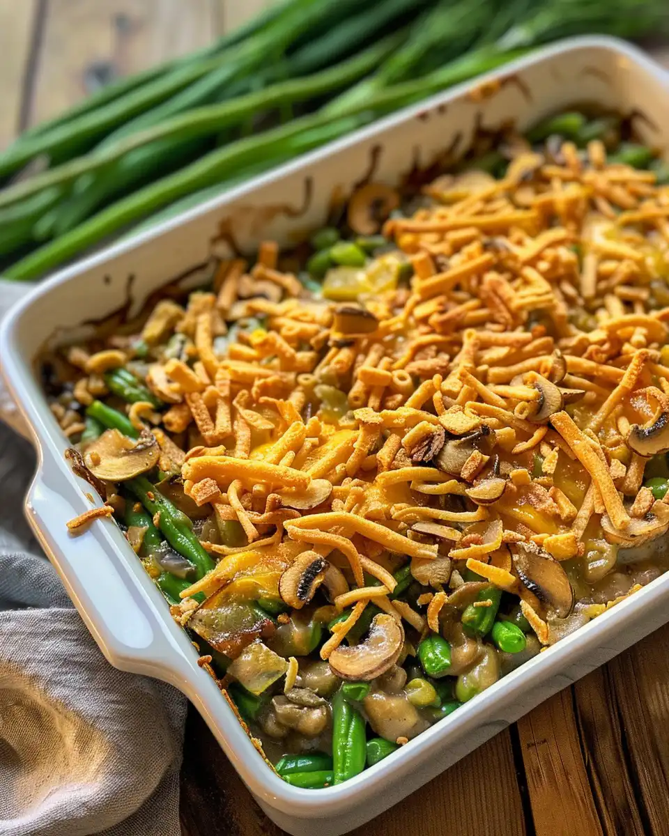 Golden crispy French fried onions topping green bean casserole fresh from oven