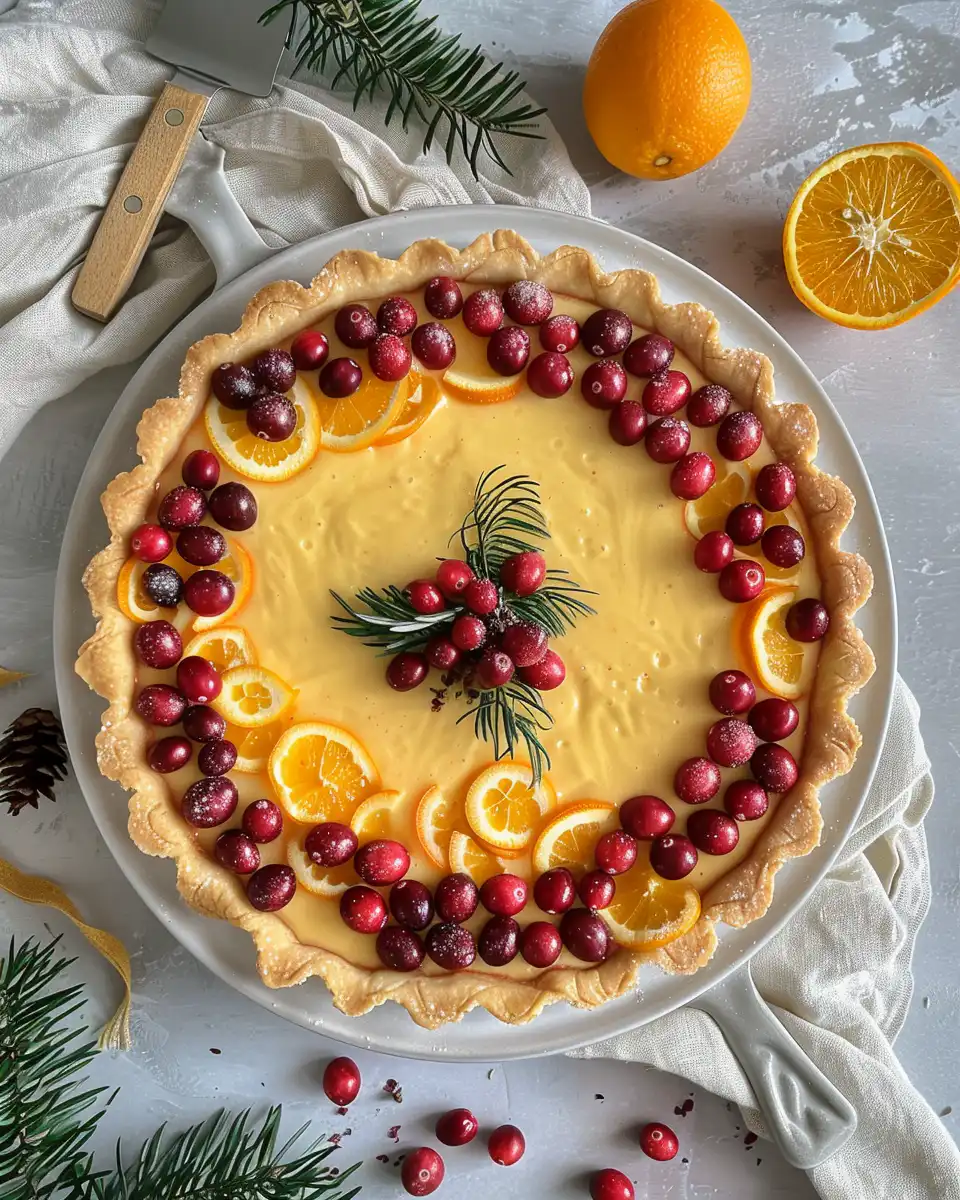 Slice of creamy cranberry orange curd tart showing smooth glossy top and vibrant color