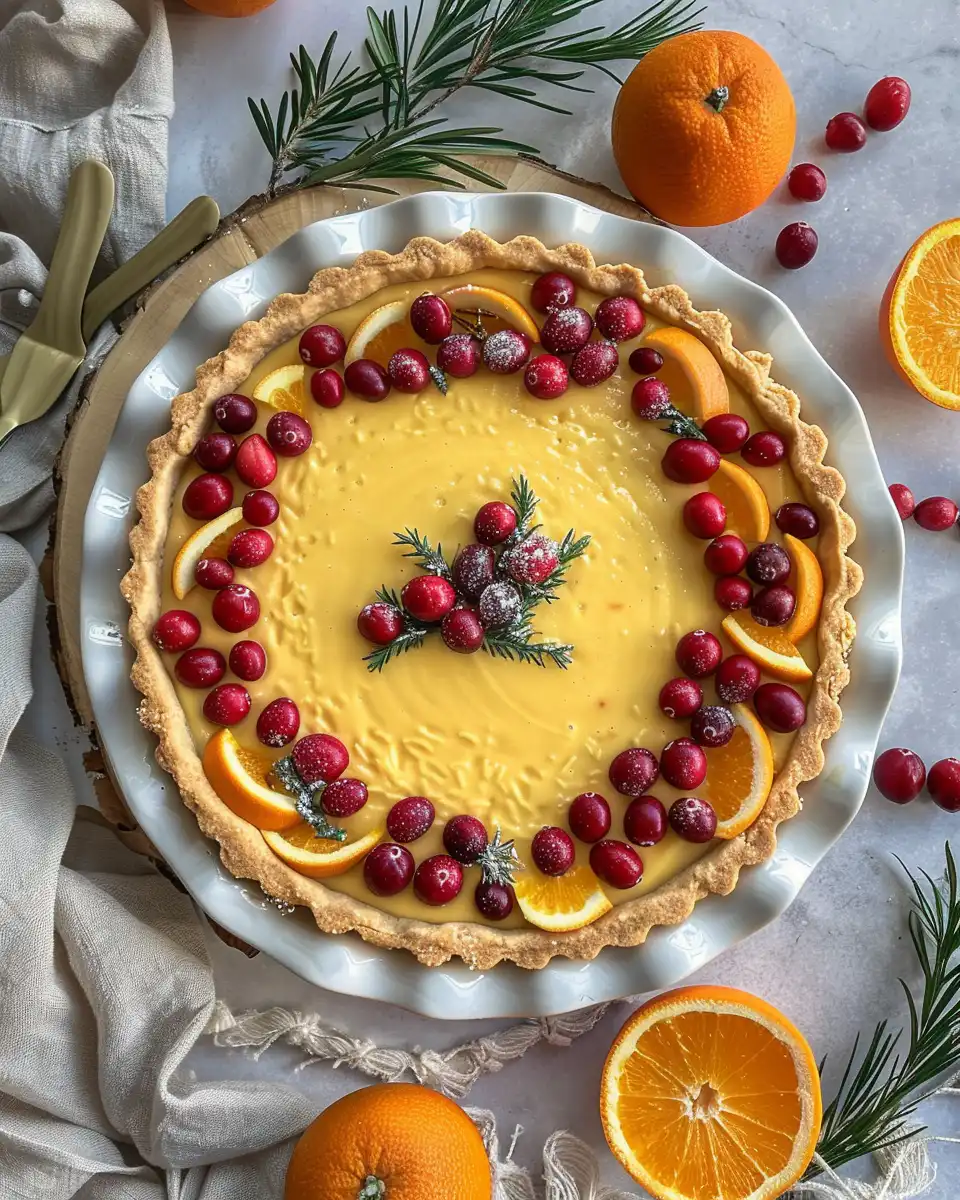 Closeup of cranberry orange curd tart with vibrant red color and orange zest