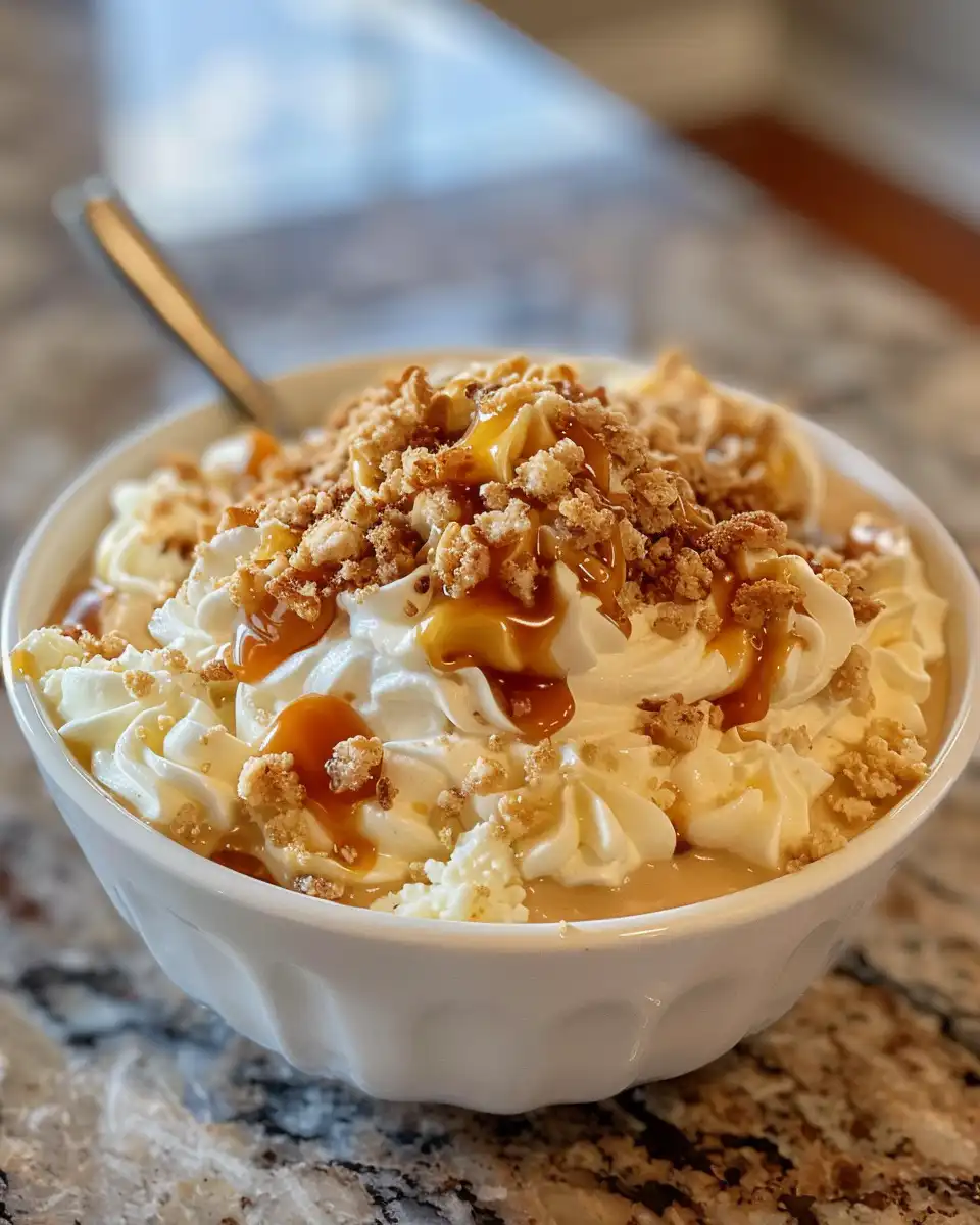 Serving of cream cheese caramel apple dip with nuts and toffee bites