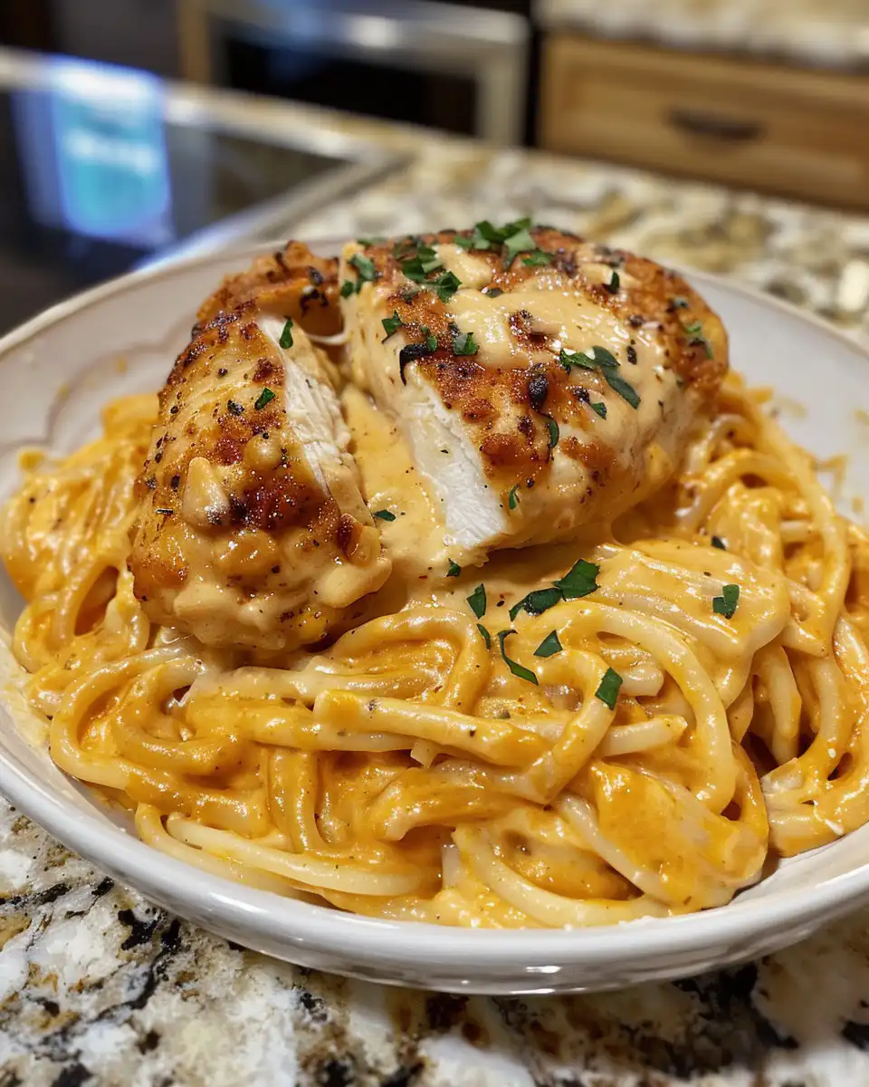 Finished creamy garlic Parmesan chicken pasta with garnish