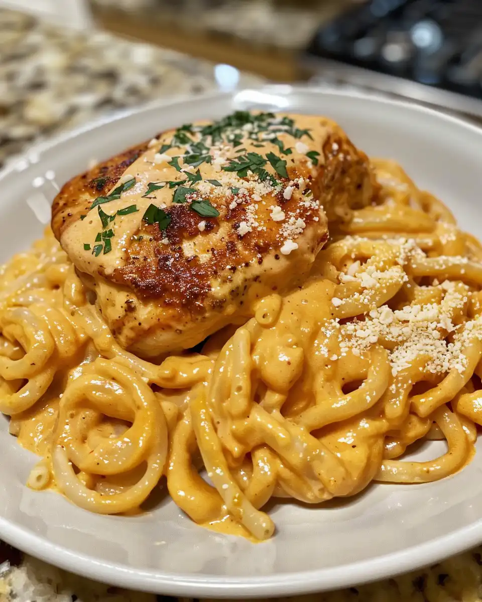 Creamy garlic Parmesan chicken with cheesy twisted pasta in skillet