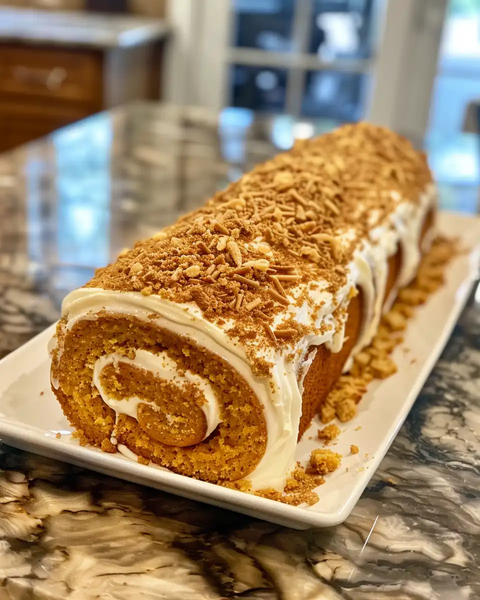 Closeup of sliced pumpkin roll showing cream cheese filling and soft texture