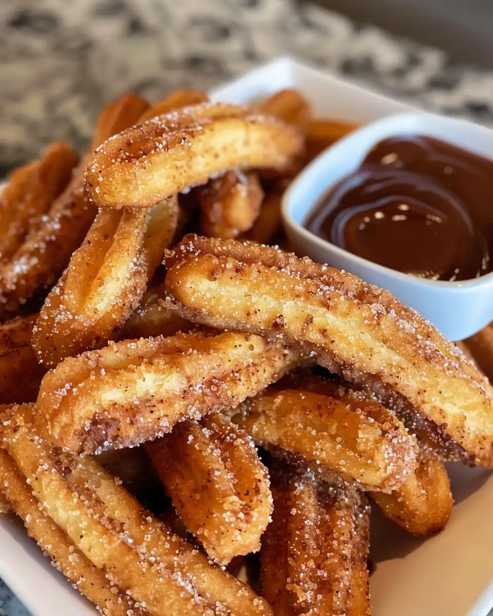 Plated golden churro bites ready to serve with dipping sauces