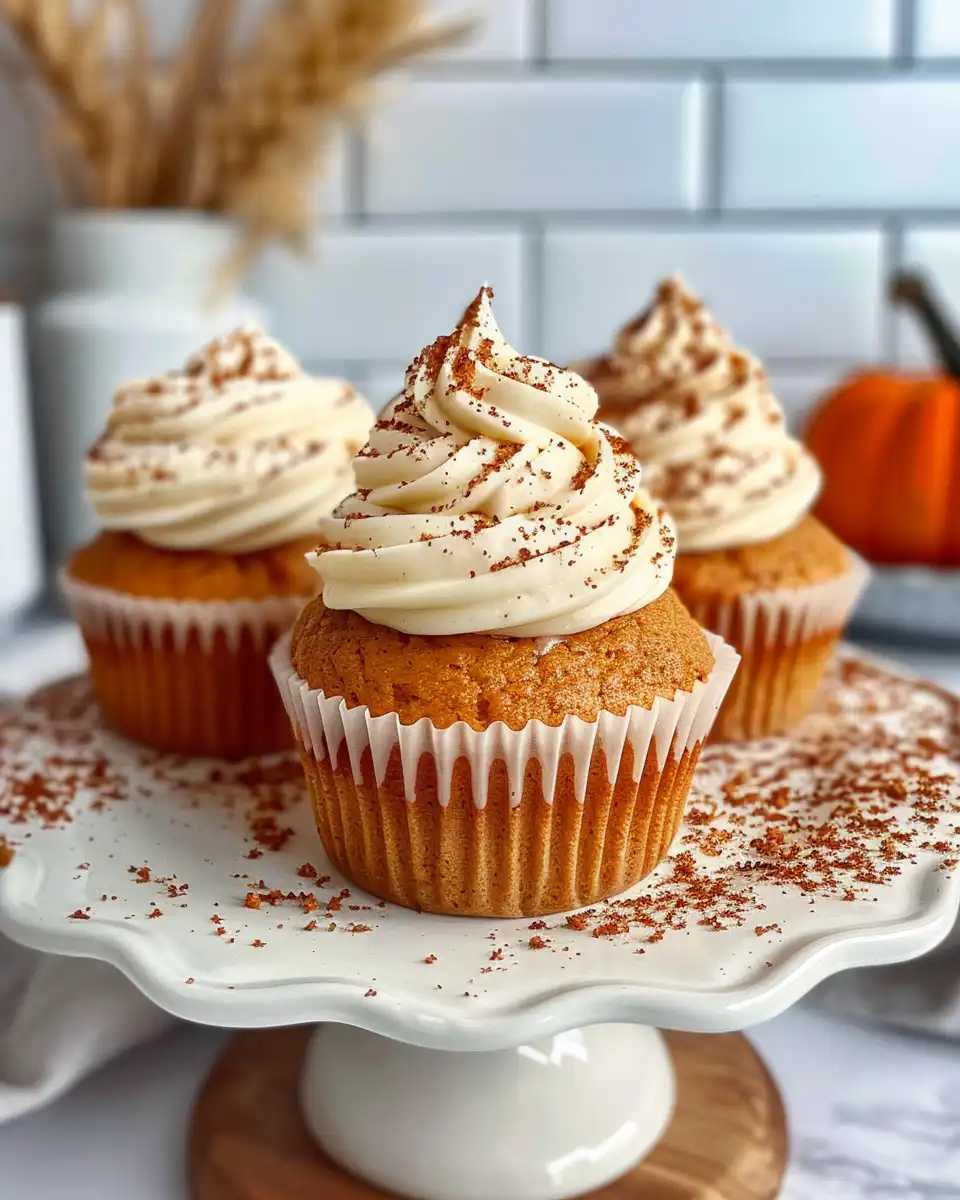 Close up of a pumpkin cupcake topped with creamy frosting and cinnamon