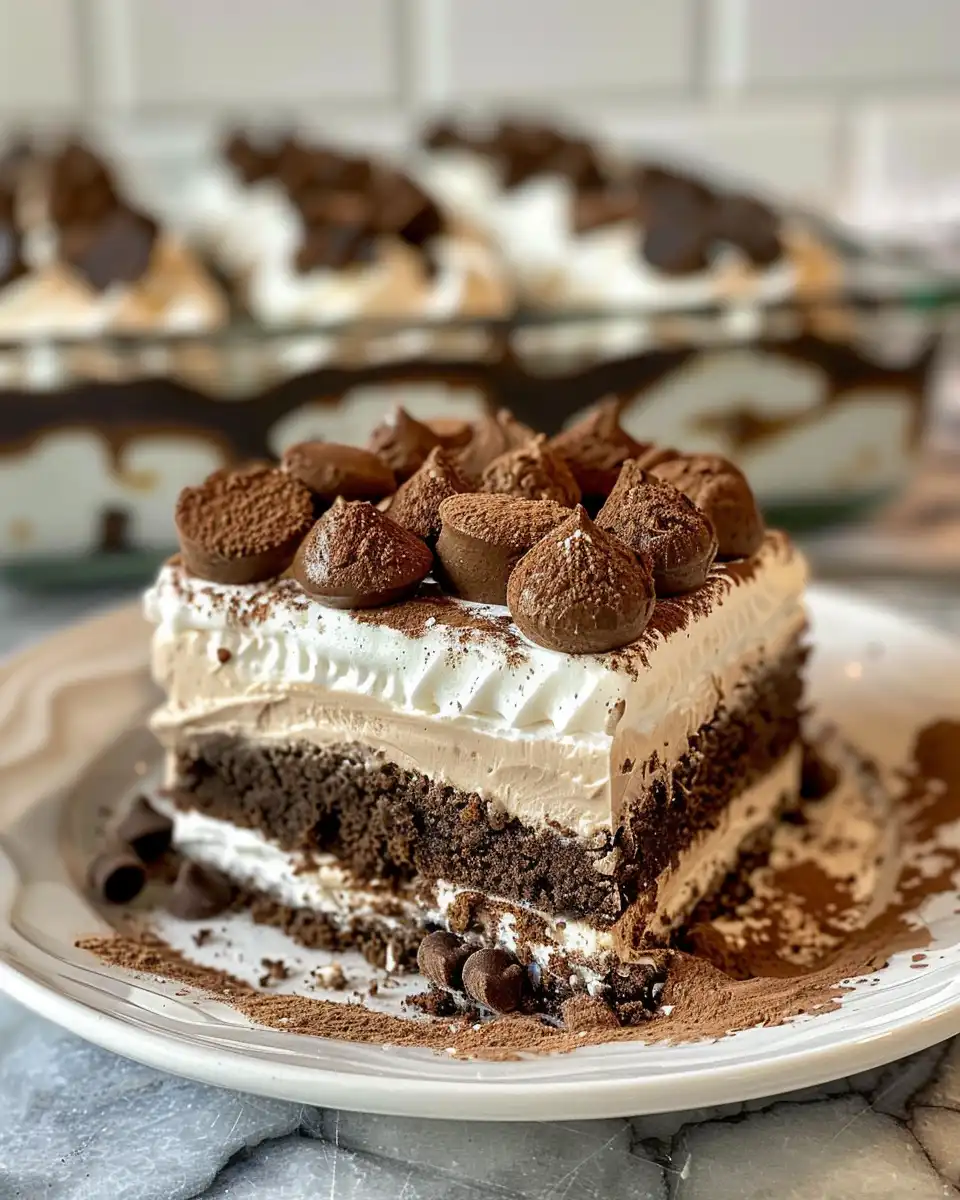 Final dirt cake dessert topped with crushed Oreos and Cool Whip served
