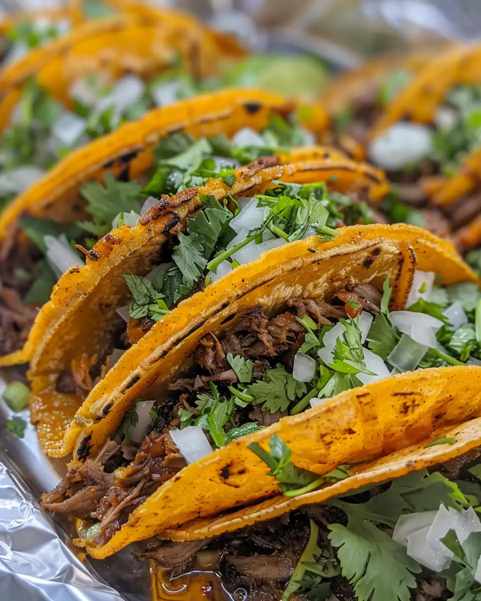 Closeup of steaming birria tacos with tender beef filling