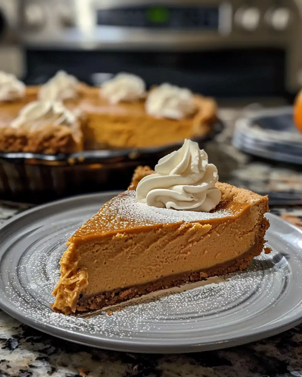Finished pumpkin pie cheesecake with whipped cream topping served on plate
