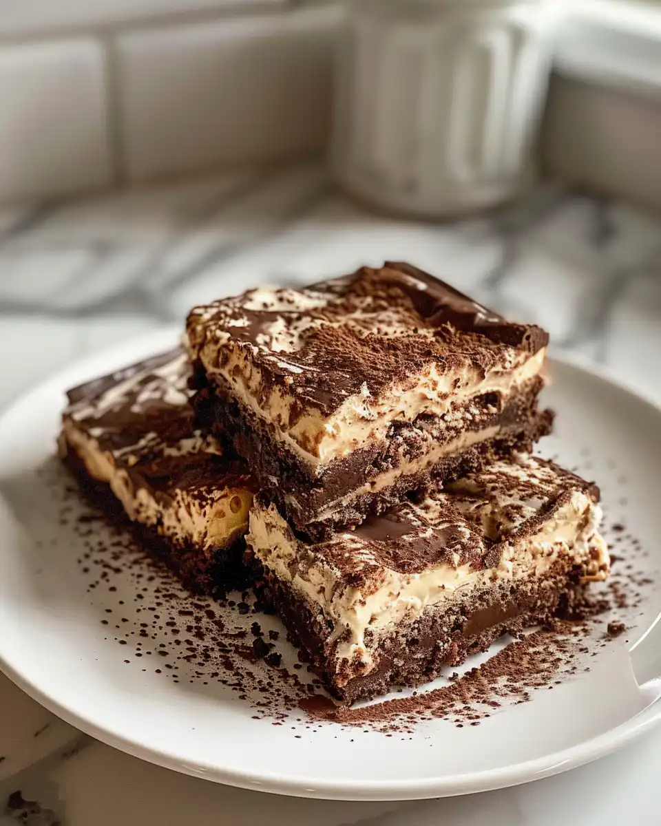 Served tiramisu brownies with cocoa powder dusting on plate