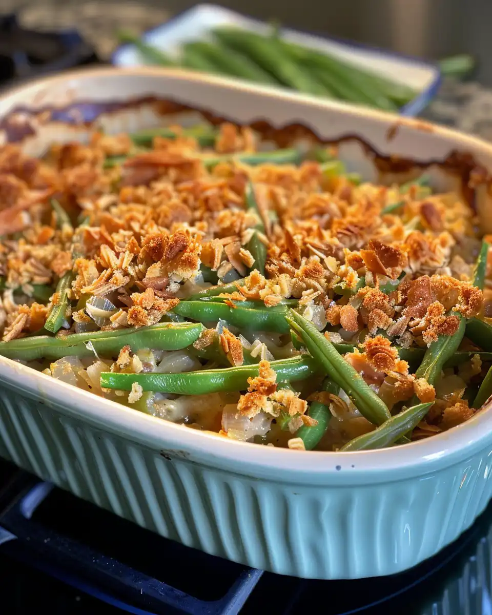 Finished green bean casserole with golden crunchy topping