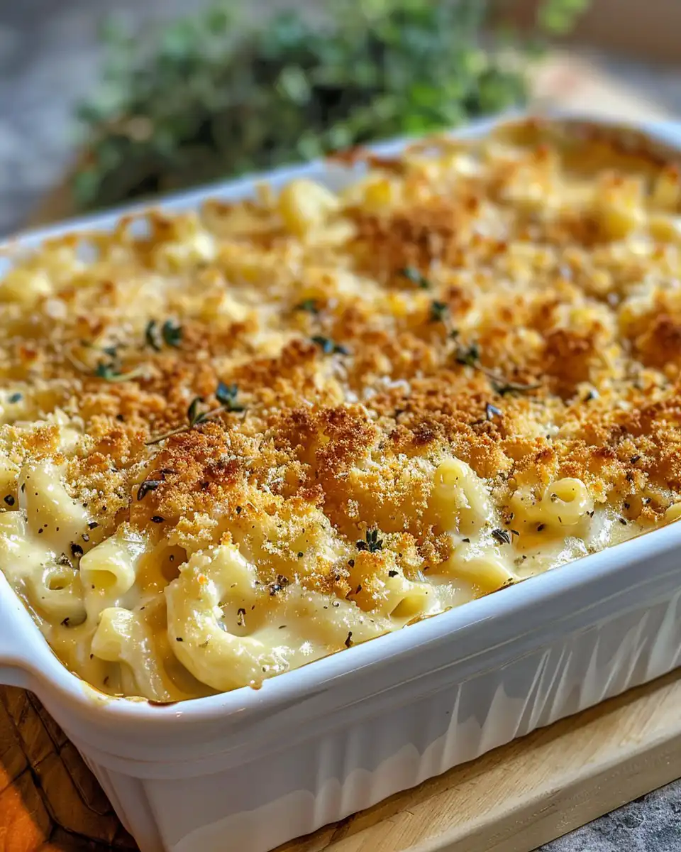 Golden baked mac and cheese with crispy breadcrumb topping served in dish