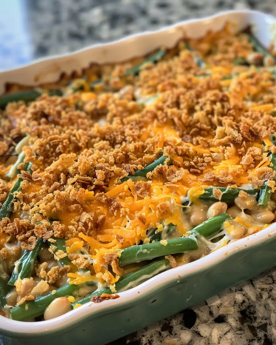 Golden crispy fried onions topping finished green bean casserole