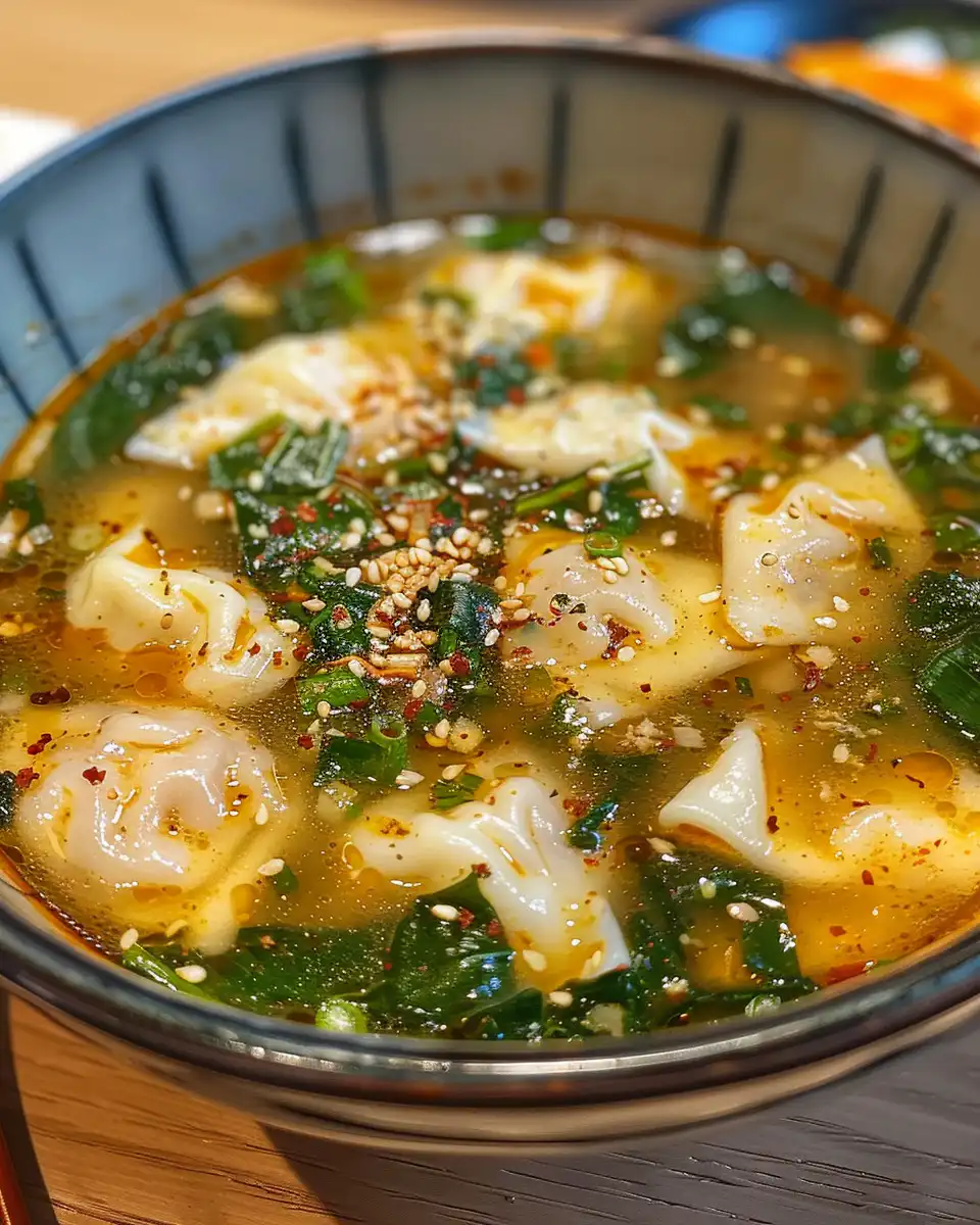 Served bowl of gyoza dumpling soup garnished with scallions