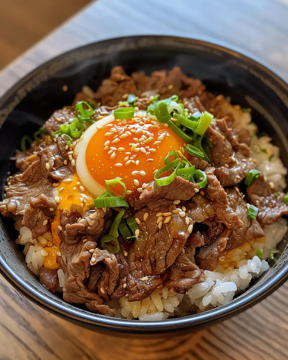 Key ingredients for Gyudon including thinly sliced beef and dashi