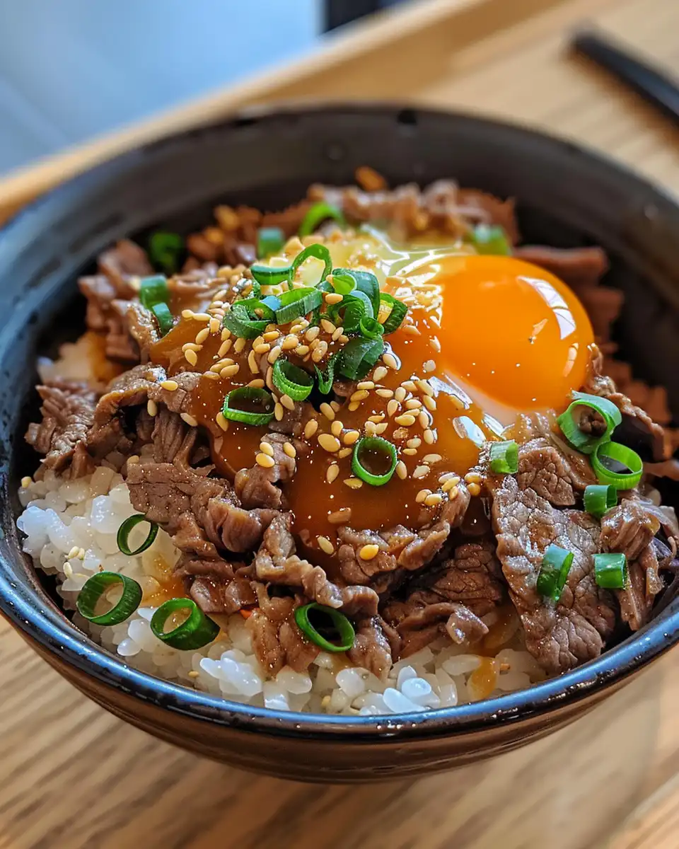 Served Gyudon with beef, onions and pickled ginger on rice