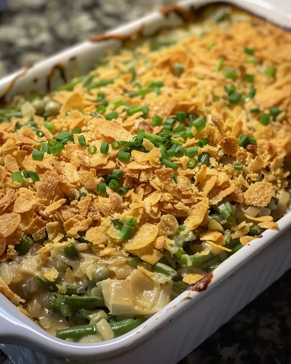 Finished homemade green bean casserole topped with crispy golden fried onions