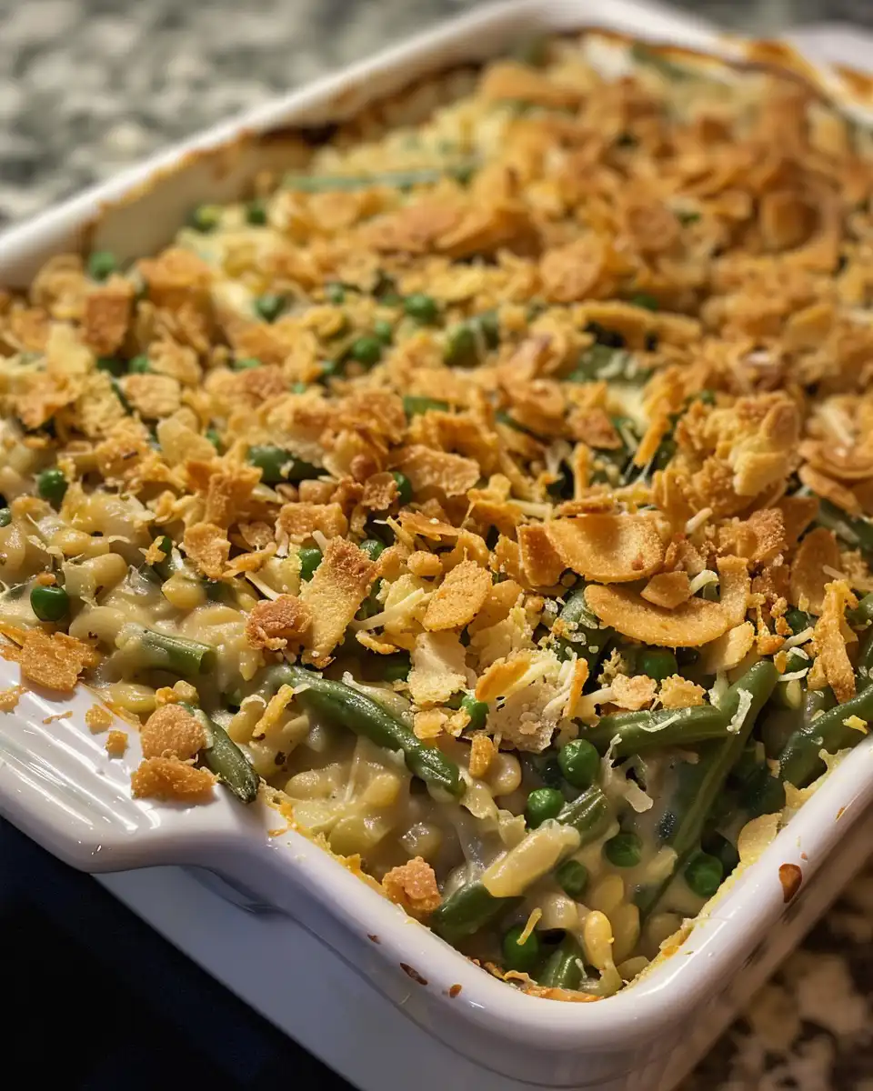 Fresh homemade green bean casserole just out of the oven