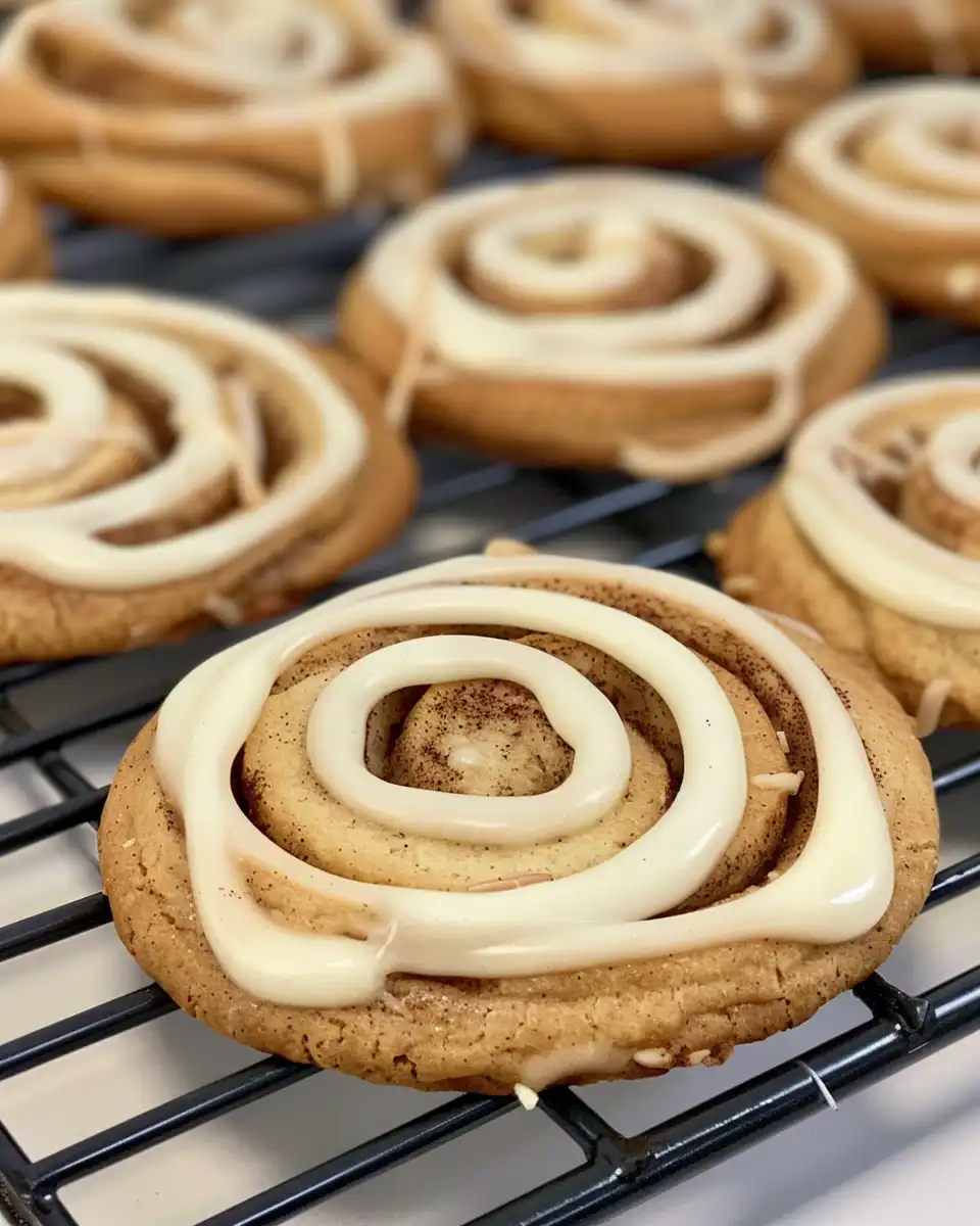 Baked cinnamon roll cookies fresh with golden edges on baking sheet