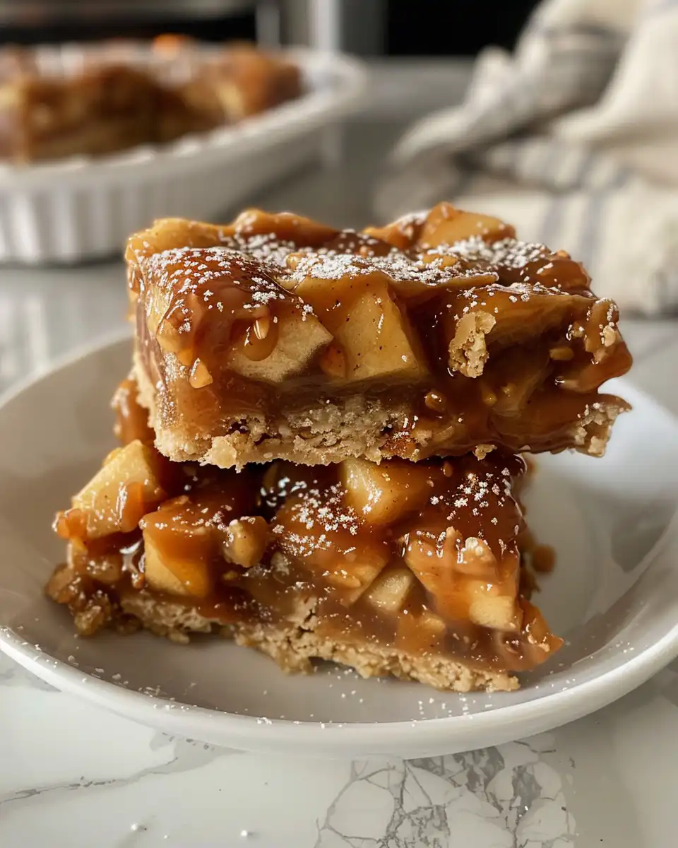 Preparation of salted caramel apple bars with sliced apples and streusel topping
