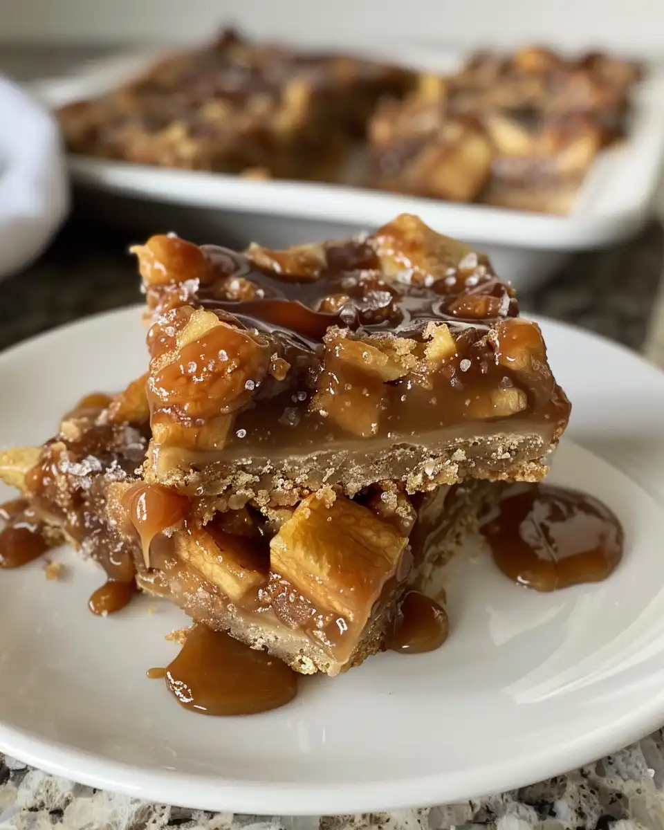 Closeup of the finished salted caramel apple bars, showing the topping texture and gooey filling