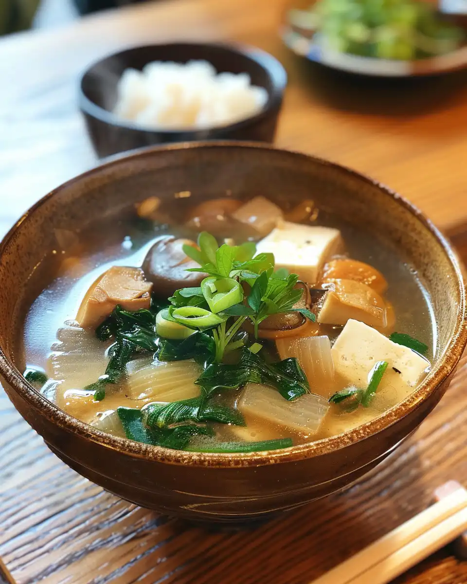 Fresh ingredients for miso soup including seaweed, mushrooms, tofu and greens