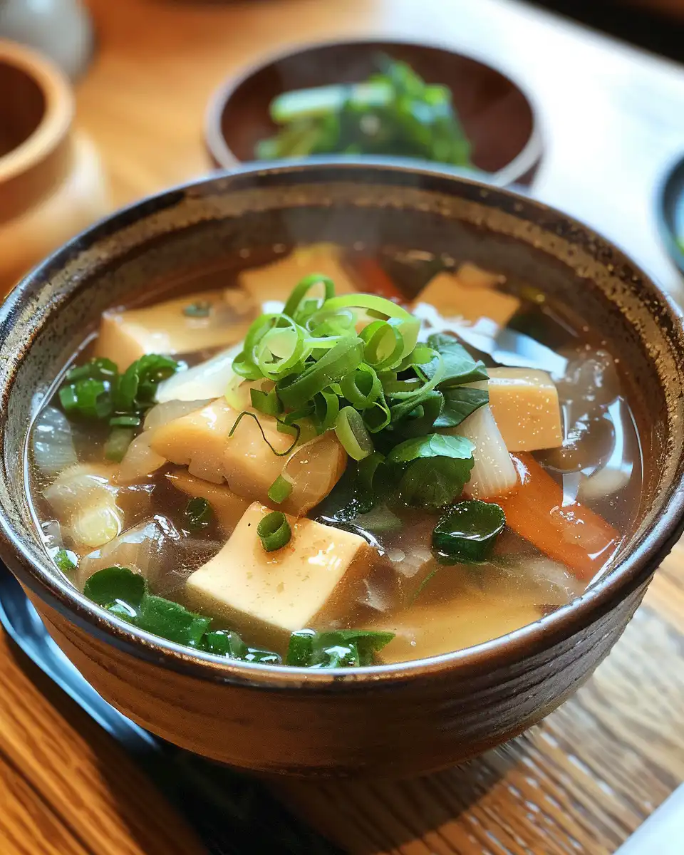 Bowl of warm miso soup showing broth and garnishes