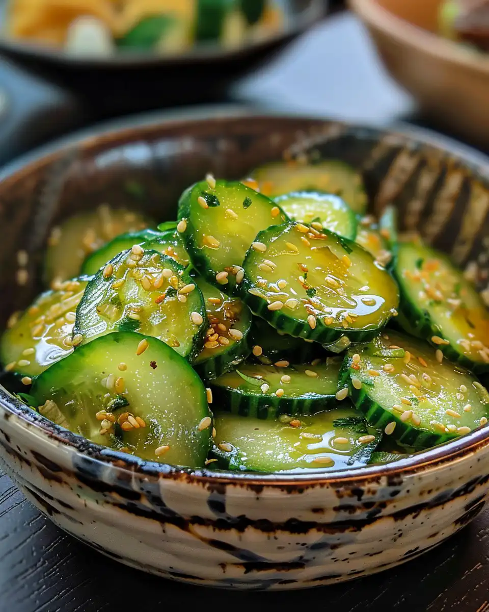 Close up of served Japanese cucumber salad showcasing final textures