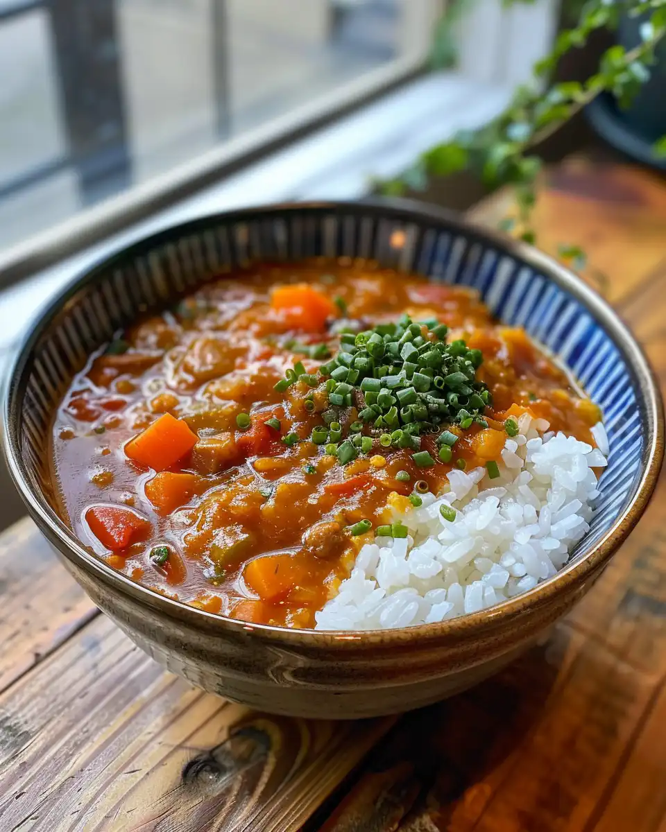 Close-up of Japanese curry on rice freshly served from pressure cooker