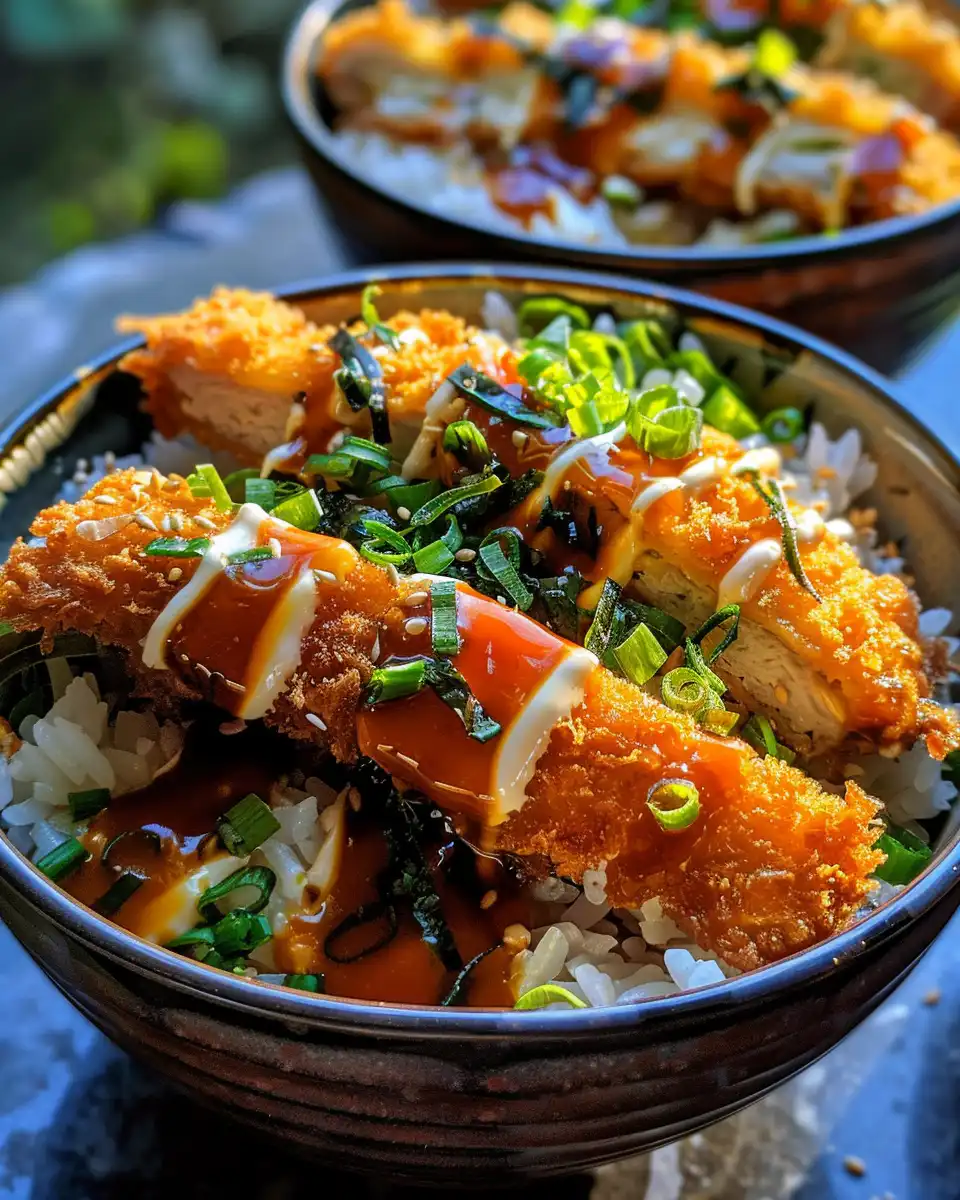 Close-up of a plated chicken katsu bowl showing crispy crust and sauce glaze