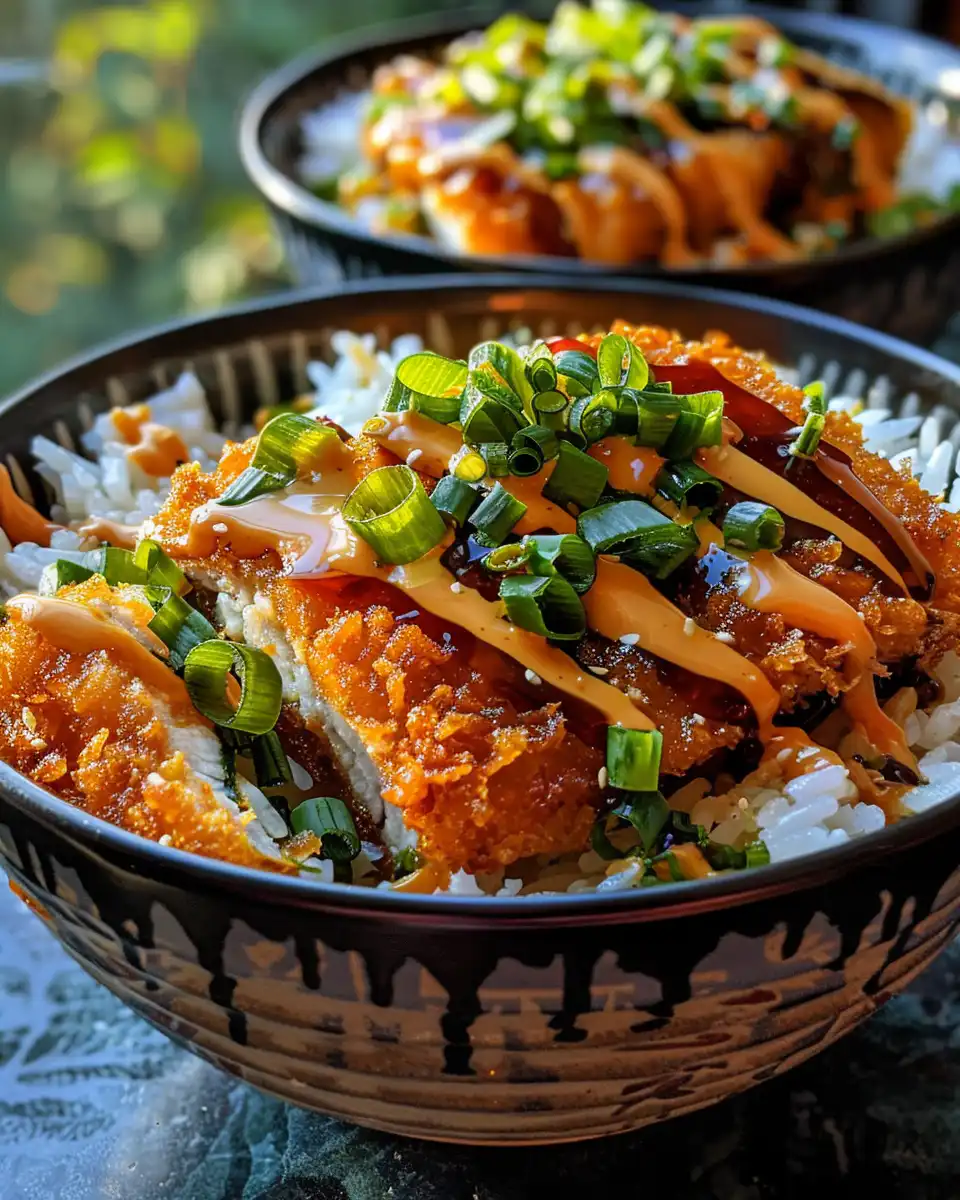 Steaming bowl of chicken katsu with tonkatsu sauce and crispy crust