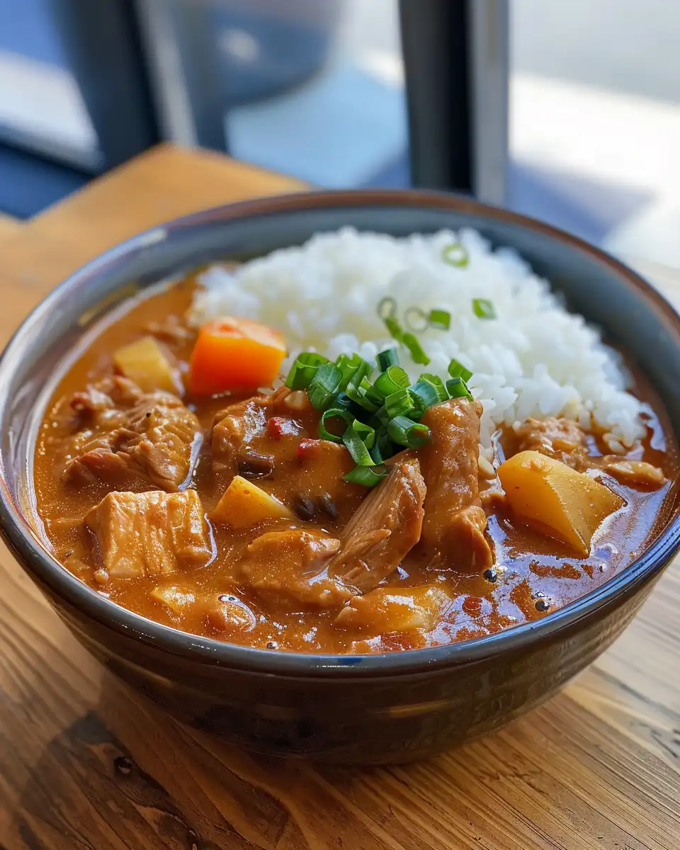 Ingredients for Pork Curry Donburi in bowls on counter