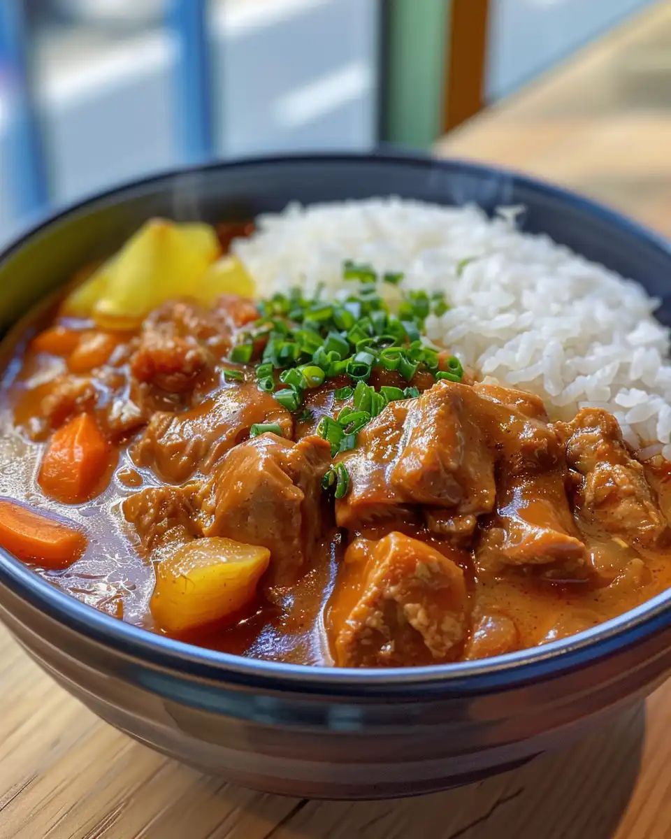 Simmering Pork Curry Donburi in pressure cooker pot