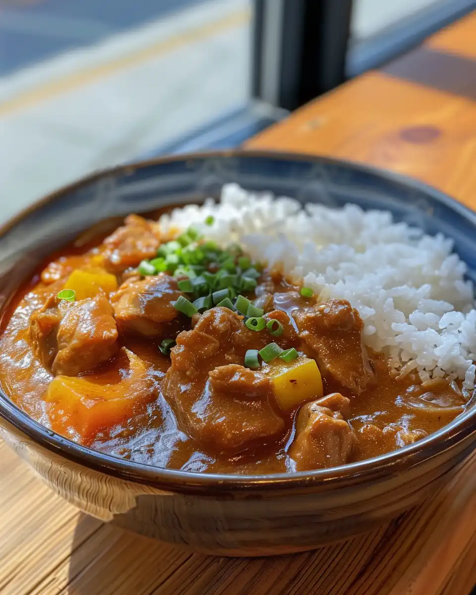 Pork Curry Donburi warm bowl close-up
