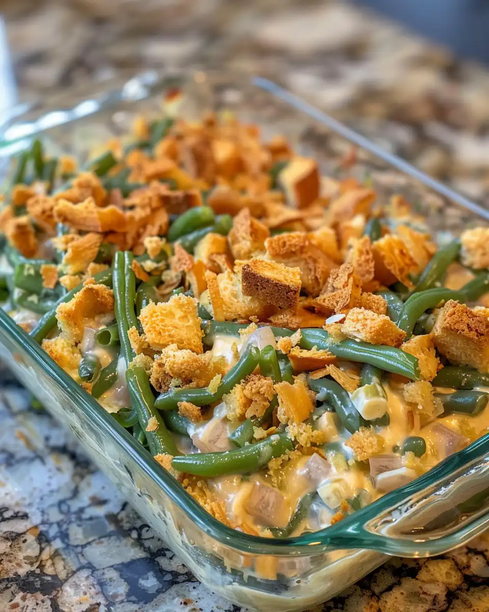 Golden crispy topped loaded green bean casserole ready to serve