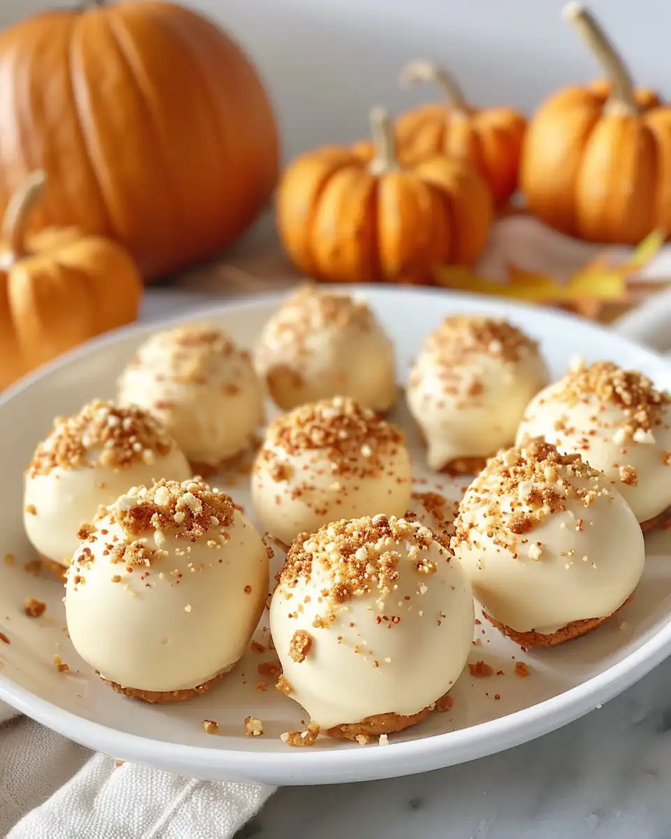 Finished no bake pumpkin cheesecake balls with white chocolate coating ready to serve