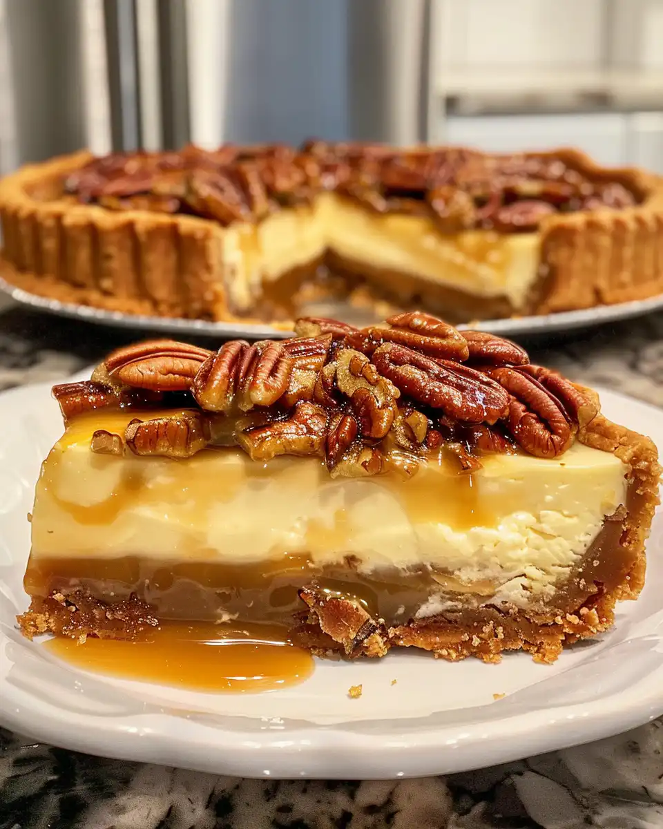Slice of pecan pie cheesecake showing golden top and creamy texture
