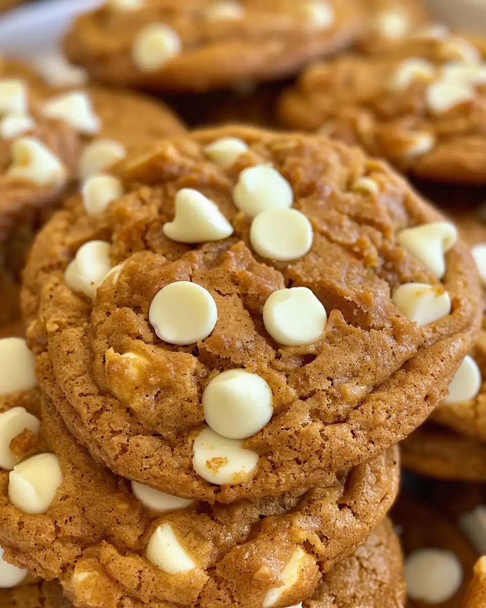 Closeup of warm pumpkin white chocolate chip cookies showing soft center and golden edges