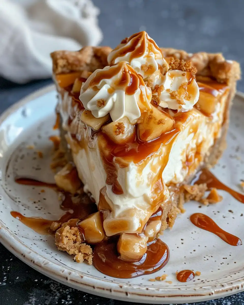 Finished salted caramel apple pie cheesecake with caramel drizzle ready to serve