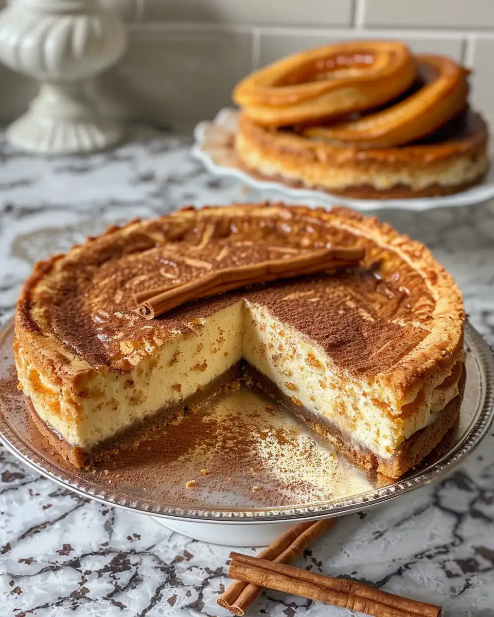 Close-up of a golden churro cheesecake bar showing layers and cinnamon sugar coating